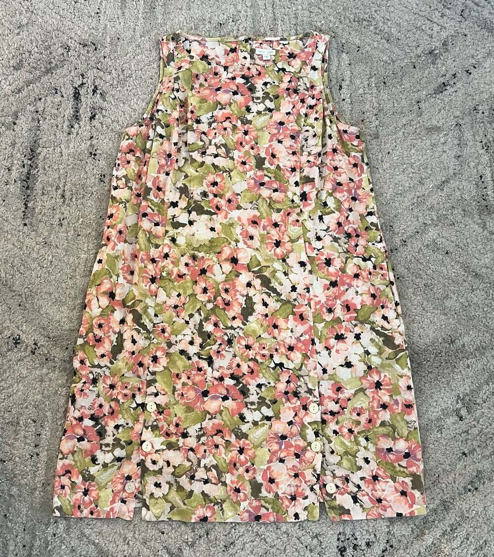 J.Jill Love Linen Watercolor Floral Sleeveless Shift Dress with Button Slit Hem
